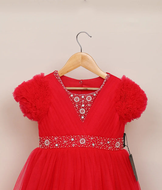 Close view of rani pink tulle net handworked birthday frock 