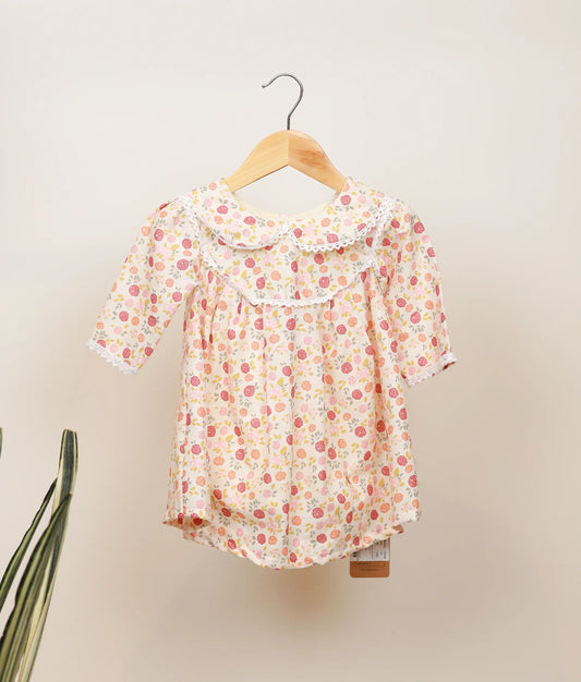 Off-White Floral Printed Cotton Christmas Frock For Baby Girl [Ready To Ship: 5588]
