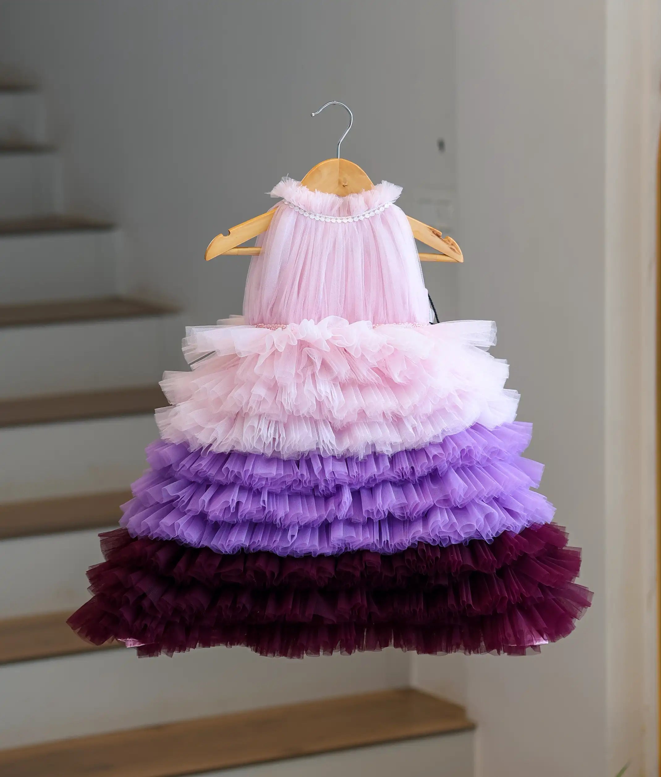 Multi-Colour Tulle Net Handworked Birthday Gown For Baby Girl [Pre-order:5590]