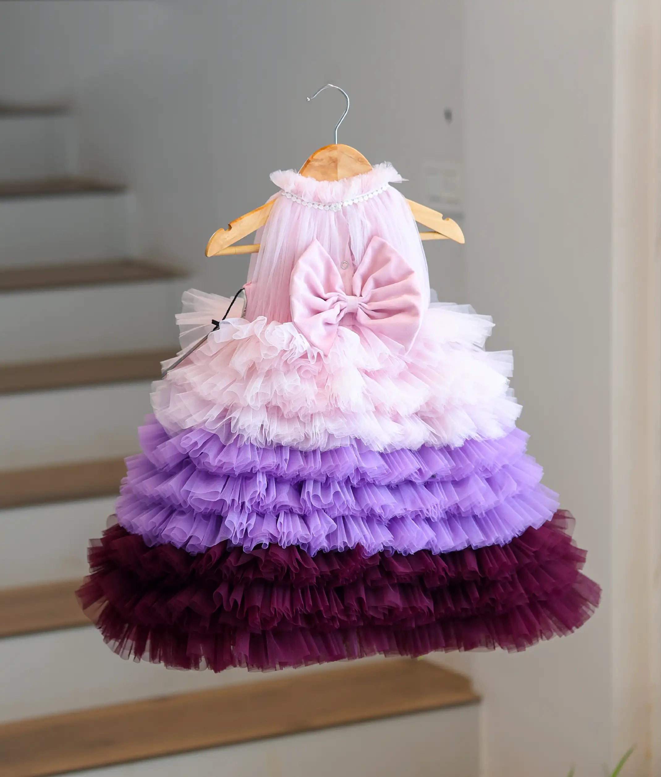Multi-Colour Tulle Net Handworked Birthday Gown For Baby Girl [Pre-order:5590]