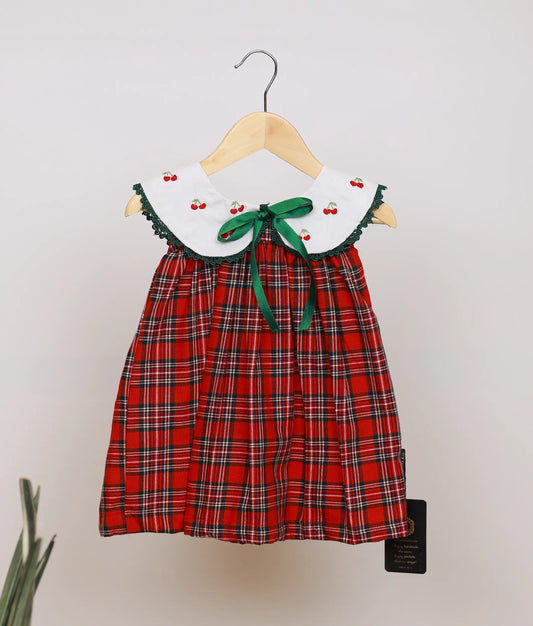 Red Check Embroidered Collar Cotton Christmas Frock For Baby Girl [Ready To Ship: 5593]
