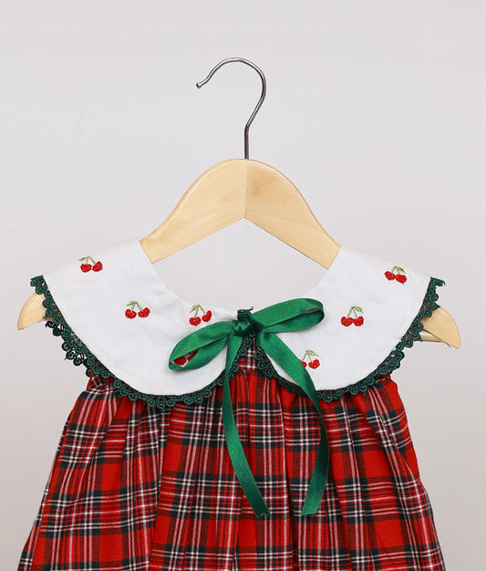 Red Check Embroidered Collar Cotton Christmas Frock For Baby Girl [Ready To Ship: 5593]