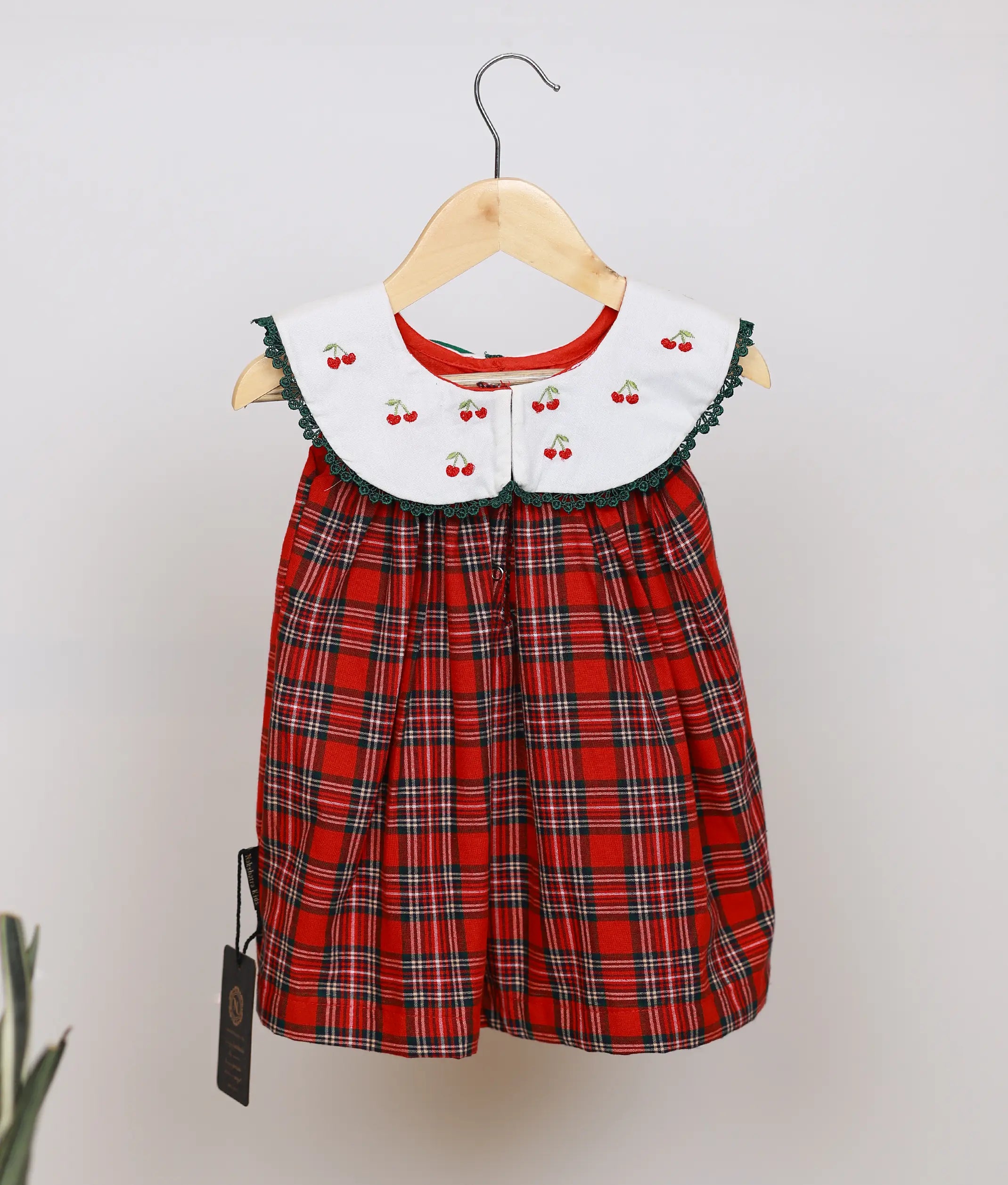Red Check Embroidered Collar Cotton Christmas Frock For Baby Girl [5593]