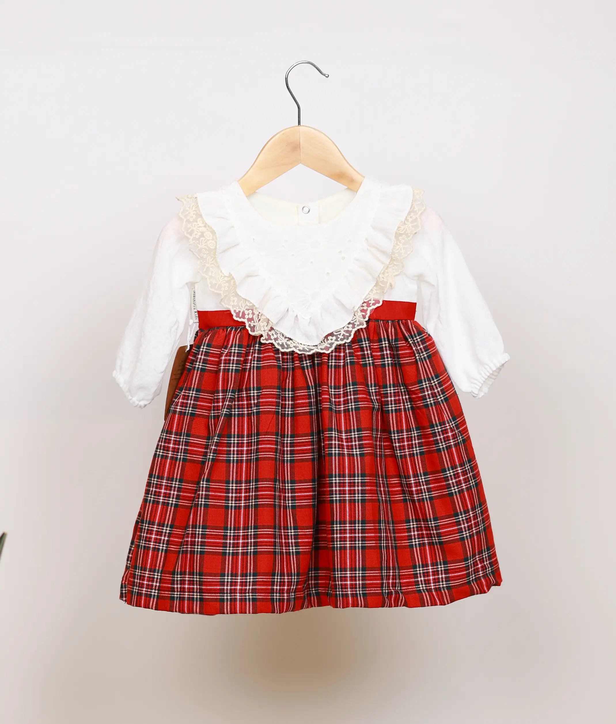 Red Checked Acoba Lace Yoke Cotton Christmas Frock For Baby Girl [Ready To Ship: 5594]