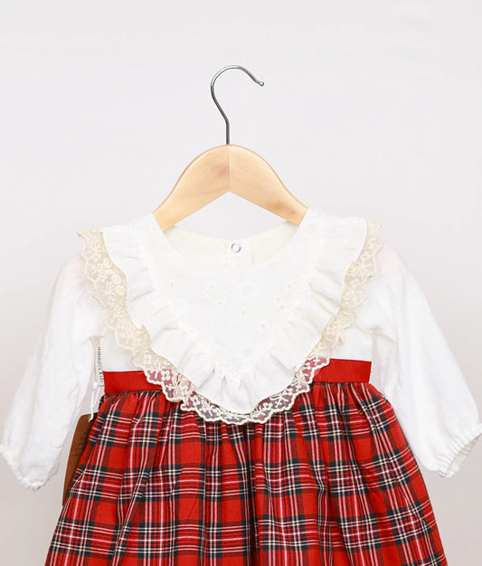 Red Checked Acoba Lace Yoke Cotton Christmas Frock For Baby Girl [Ready To Ship: 5594]