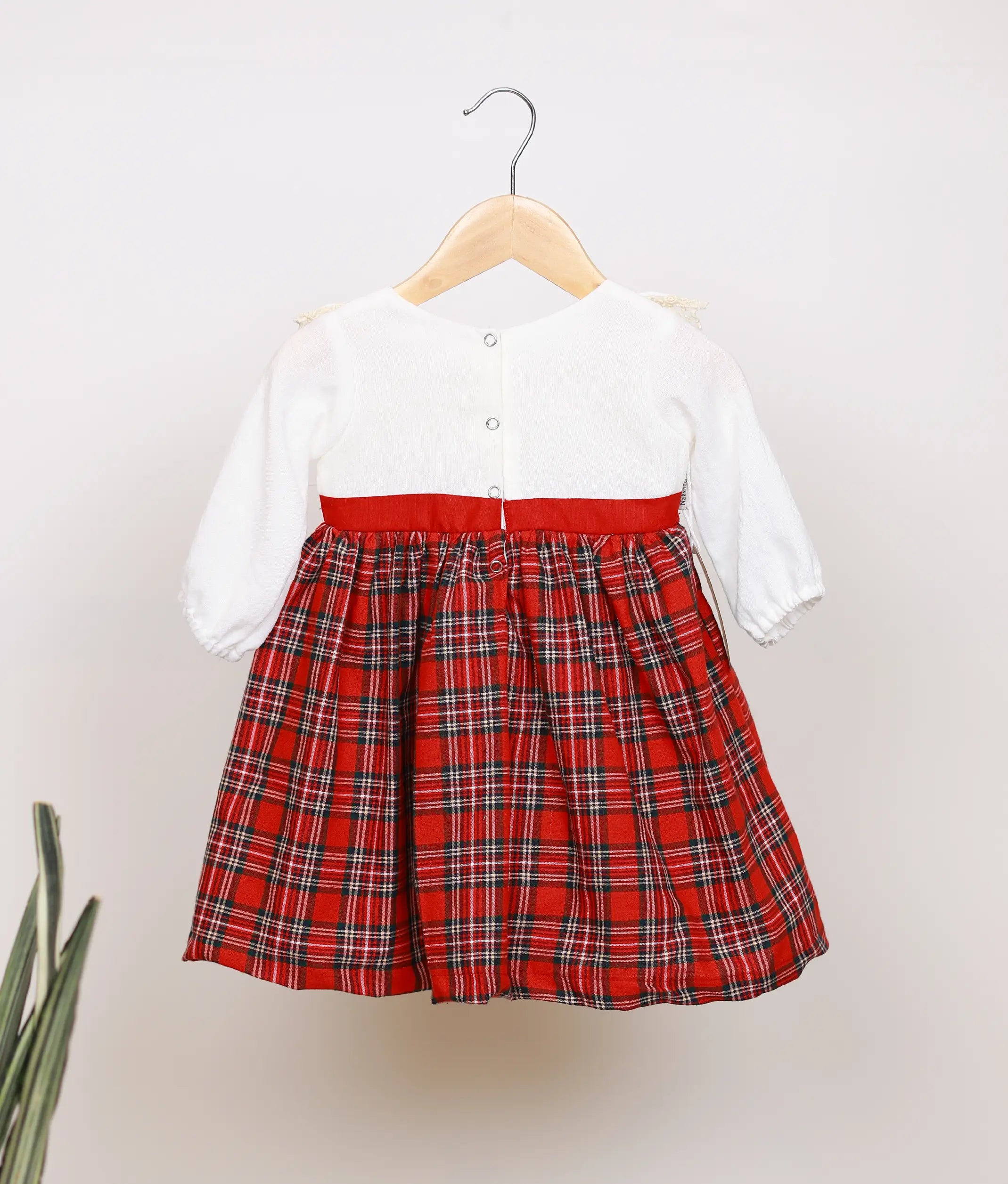 Red Checked Acoba Lace Yoke Cotton Christmas Frock For Baby Girl [Ready To Ship: 5594]