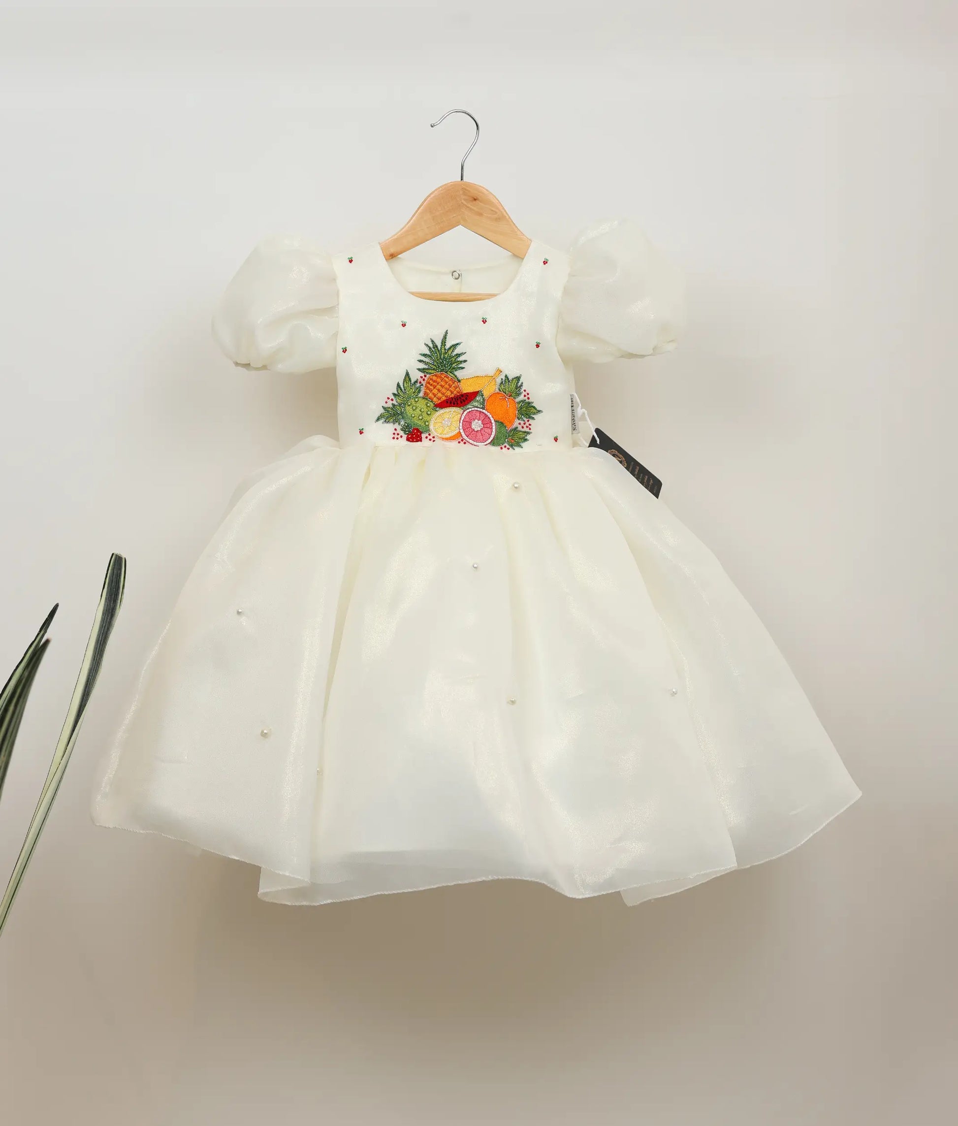 Front view of off-white plain organza tropical fruits-themed birthday dress against plain background