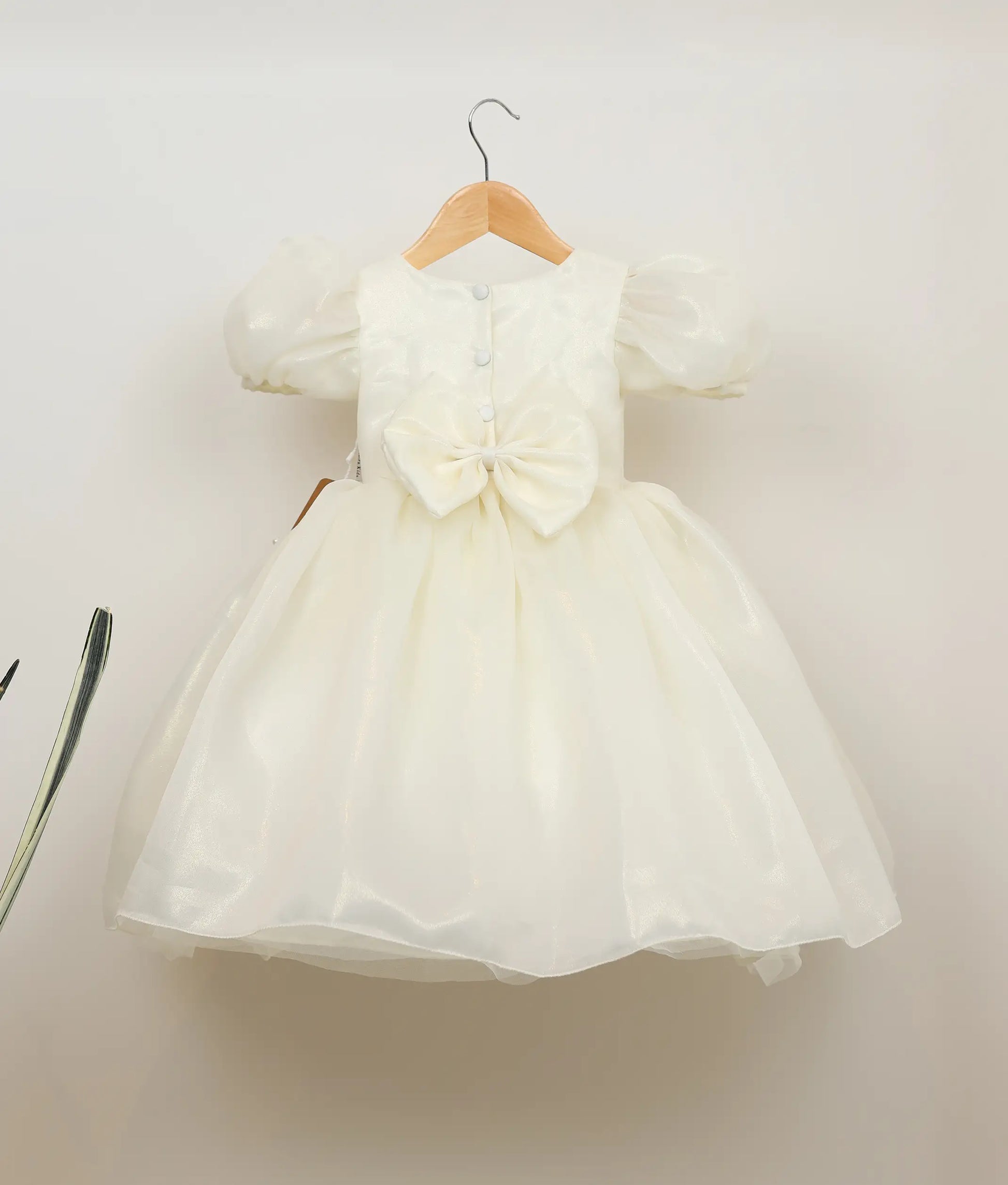 Back view of an off-white plain organza tropical fruit-themed birthday dress against plain background
