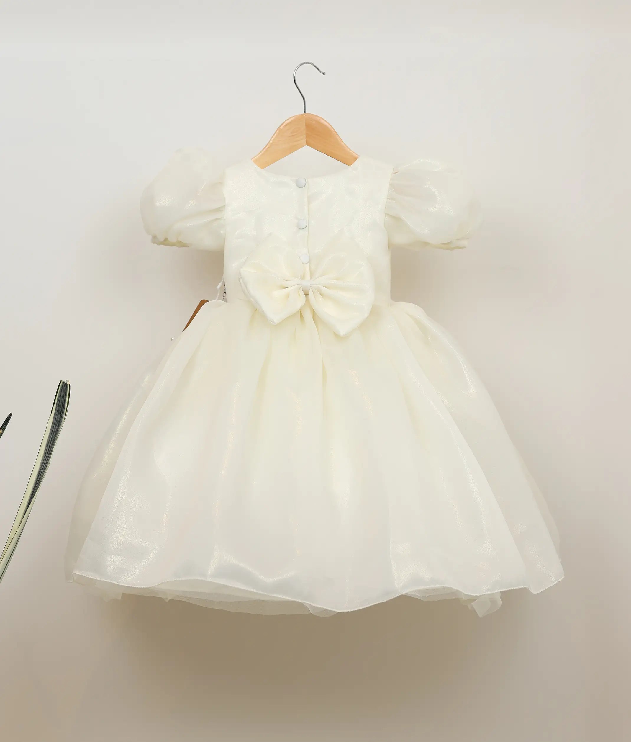 Back view of an off-white plain organza tropical fruit-themed birthday dress against plain background