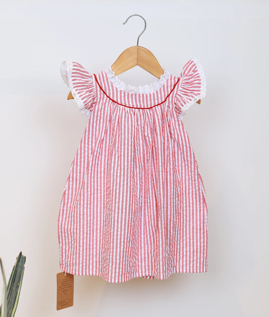 Red And White Striped Cotton Frock For Baby Girl [Ready To Ship: 5600]