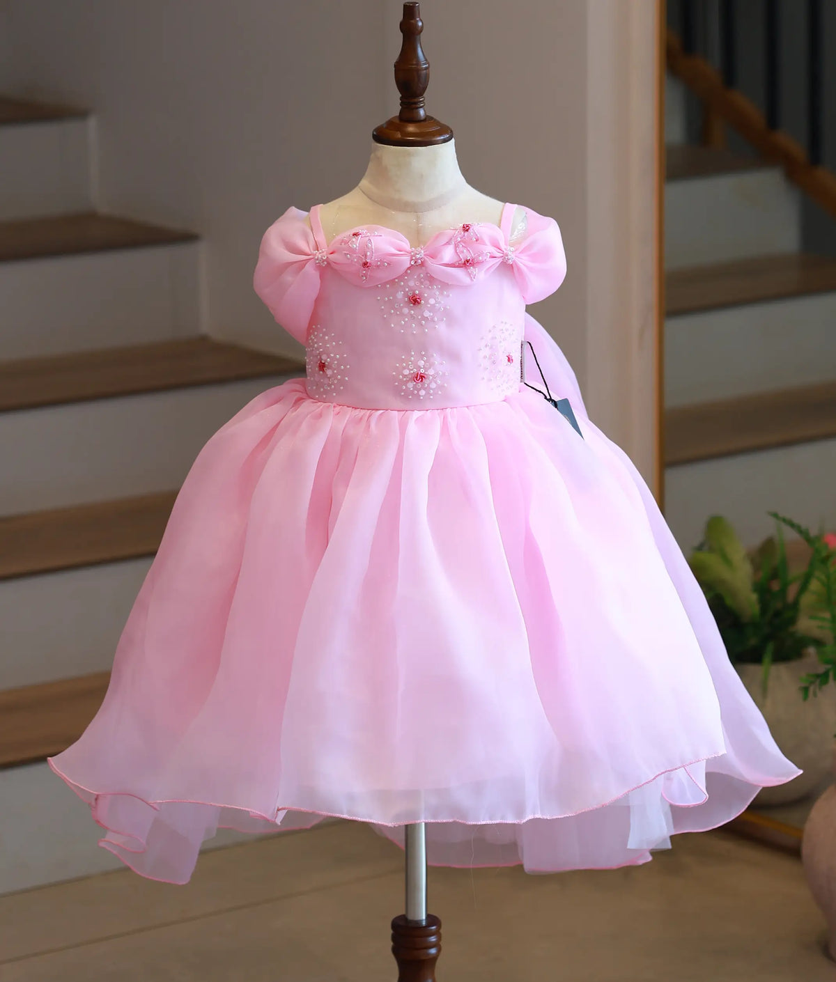 Pink Plain Organza Handworked High-Low Birthday Frock for Baby Girl [5602]