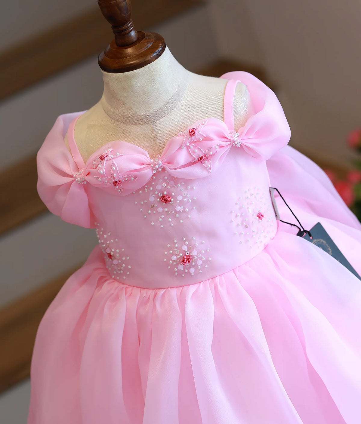 Pink Plain Organza Handworked High-Low Birthday Frock for Baby Girl [5602]