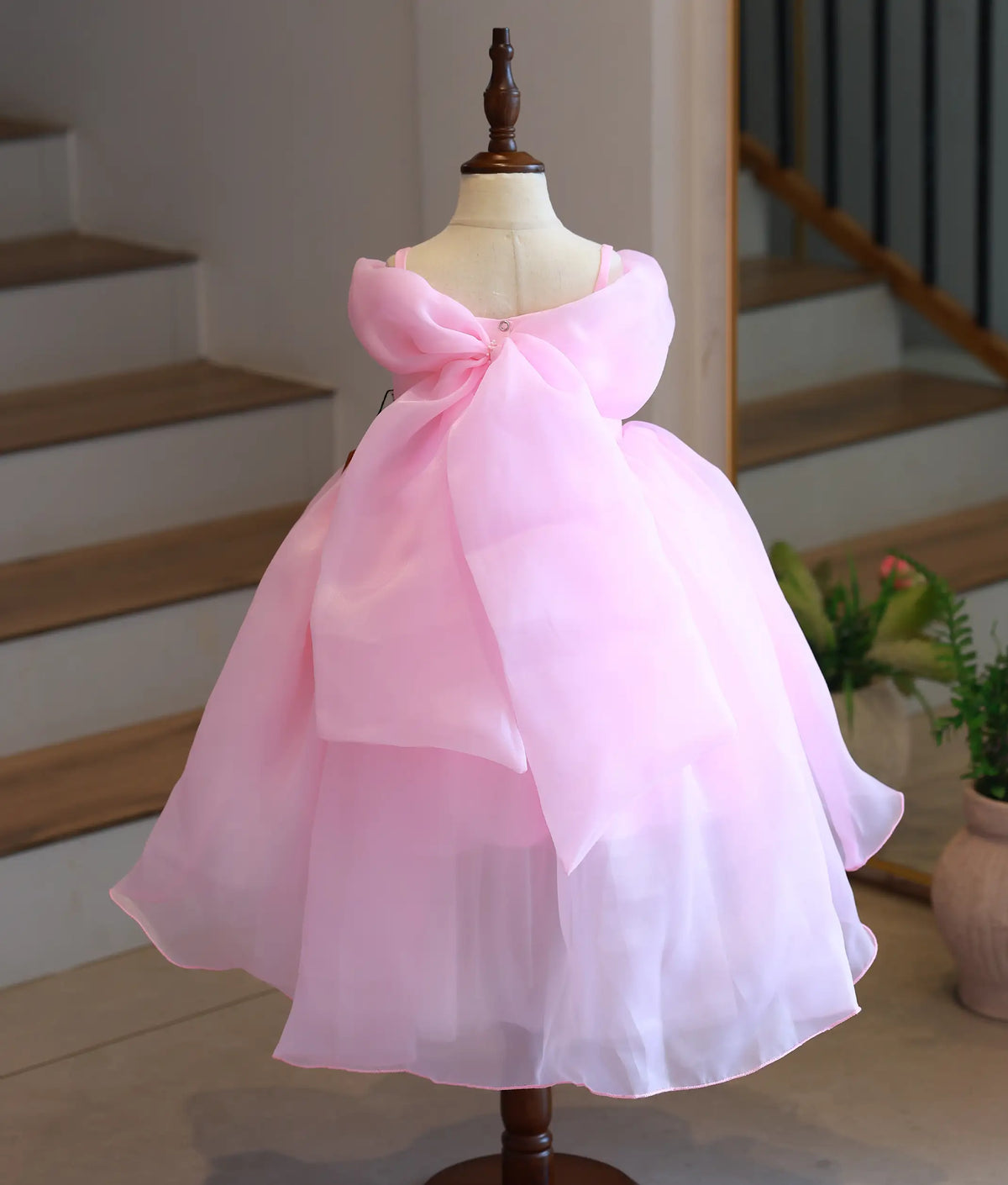 Pink Plain Organza Handworked High-Low Birthday Frock for Baby Girl [5602]