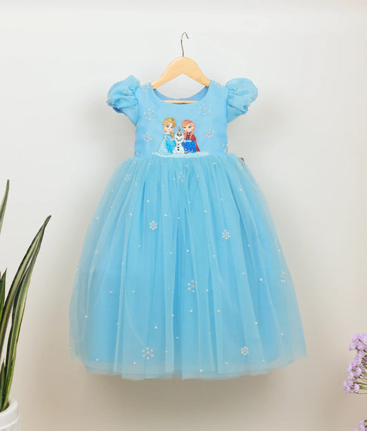 Front view of blue tulle net hand-painted frozen-theme birthday gown 