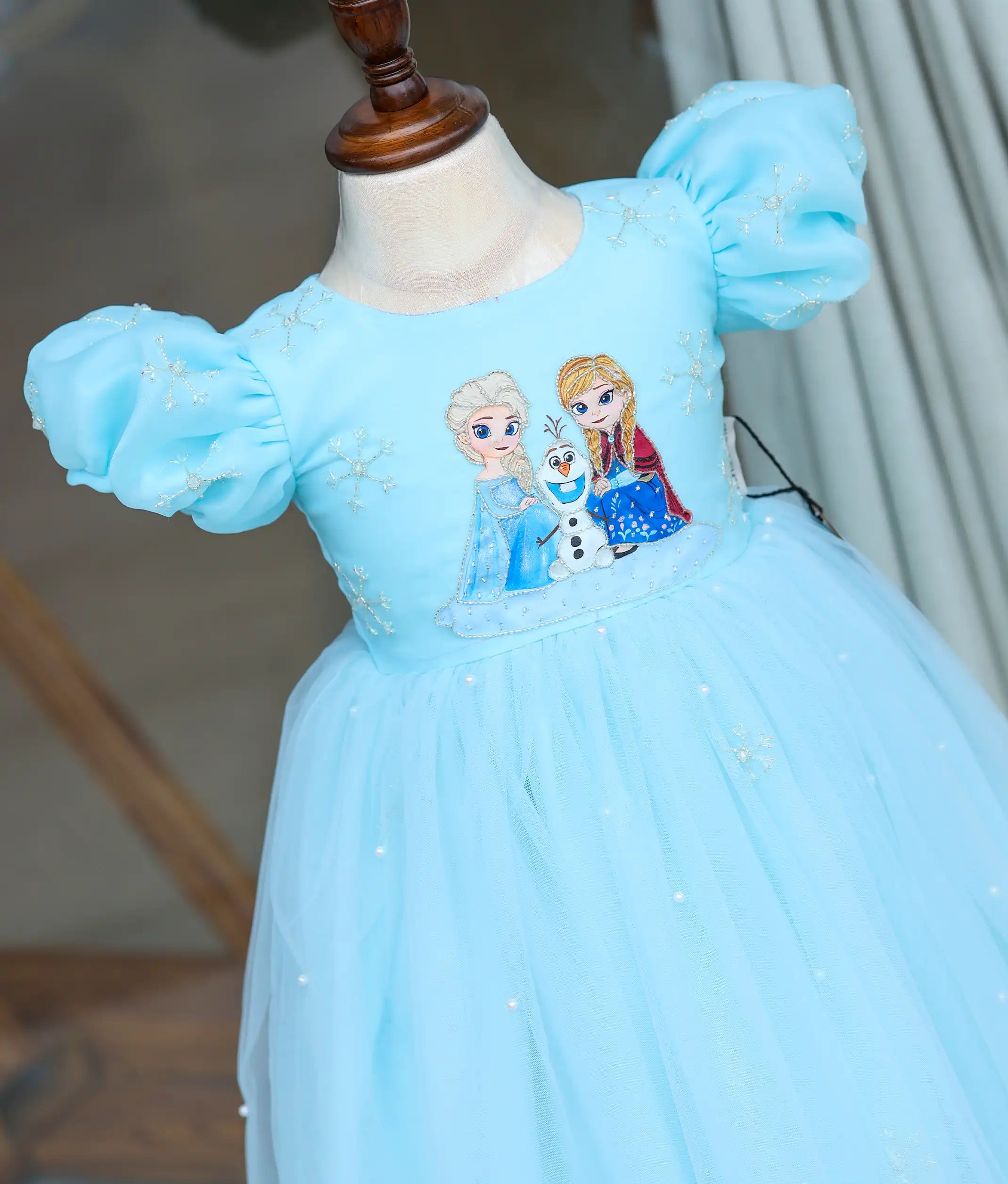 Blue Tulle Net Hand-Painted Frozen Theme Birthday Gown For Baby Girl [Pre Order: 5604]
