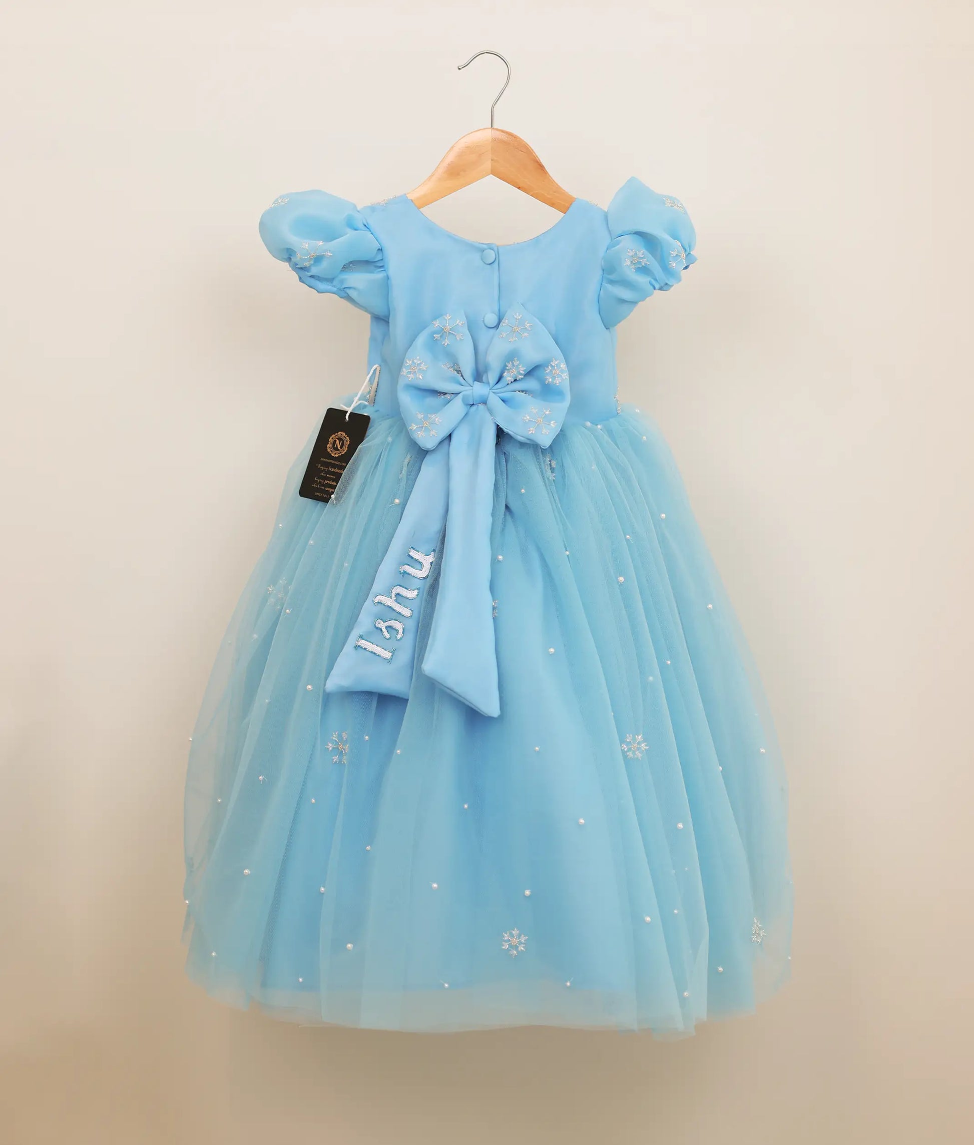 Back view of blue tulle net hand-painted frozen-theme birthday gown 