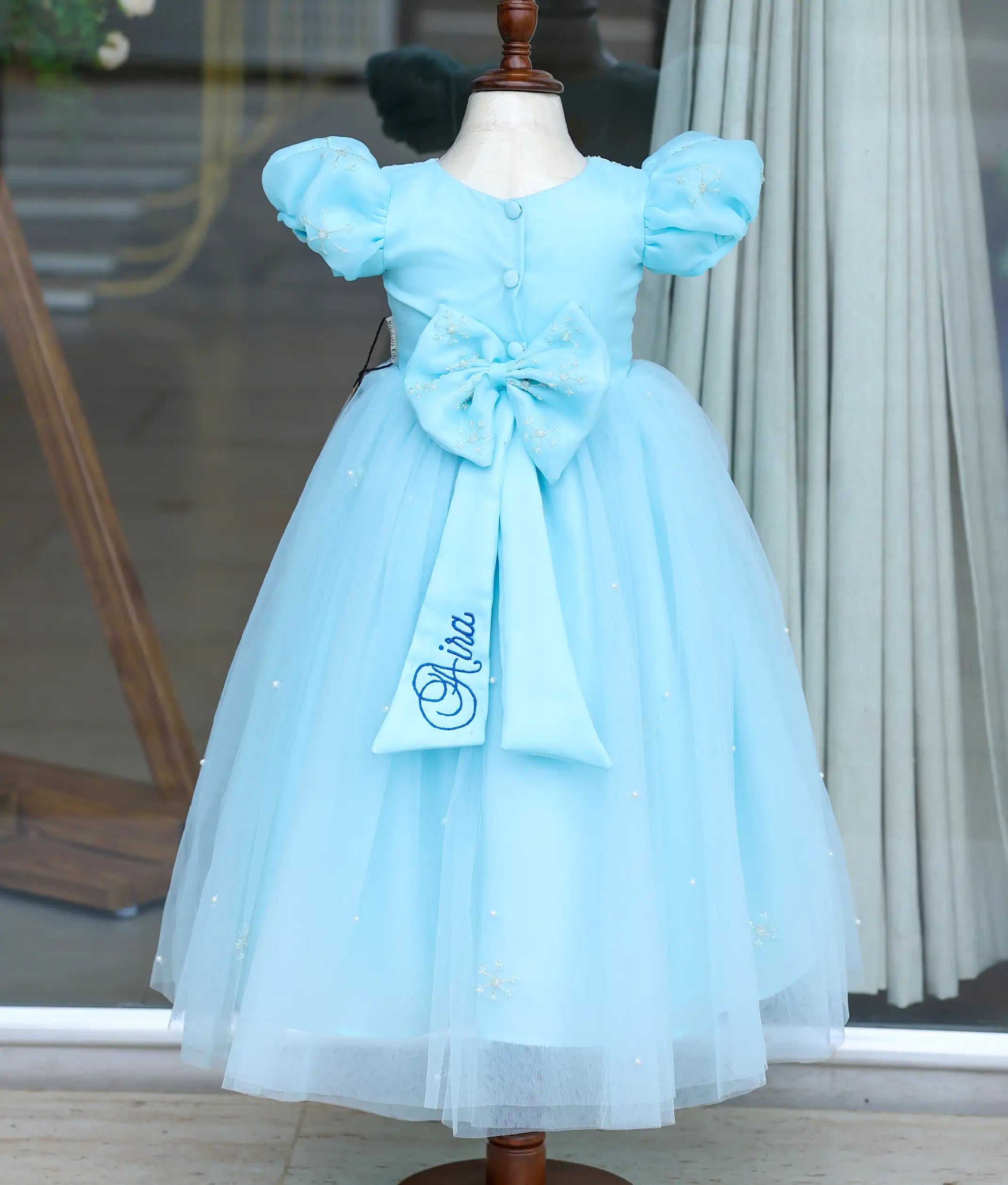 Blue Tulle Net Hand-Painted Frozen Theme Birthday Gown For Baby Girl [Pre Order: 5604]