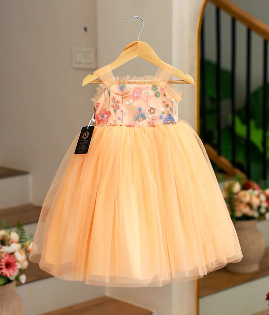 Peach Tulle Net Handworked Birthday Gown For Baby Girl [Ready To Ship: 5605]