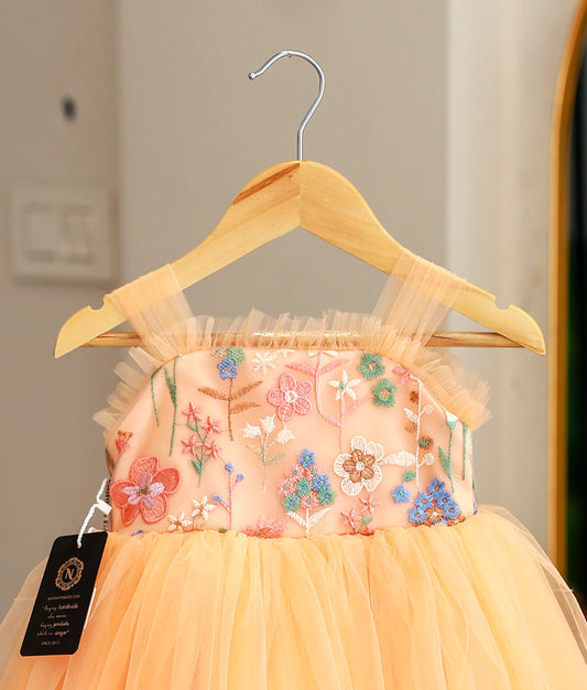 Peach Tulle Net Handworked Birthday Gown For Baby Girl [Ready To Ship: 5605]