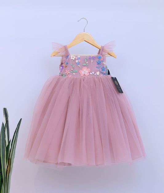 Beige Tulle Net Handworked Birthday Gown For Baby Girl [Ready To Ship: 5608]