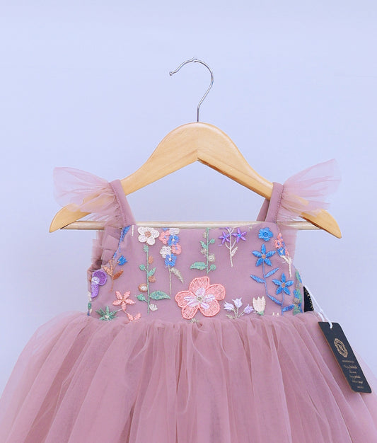 Beige Tulle Net Handworked Birthday Gown For Baby Girl [Ready To Ship: 5608]