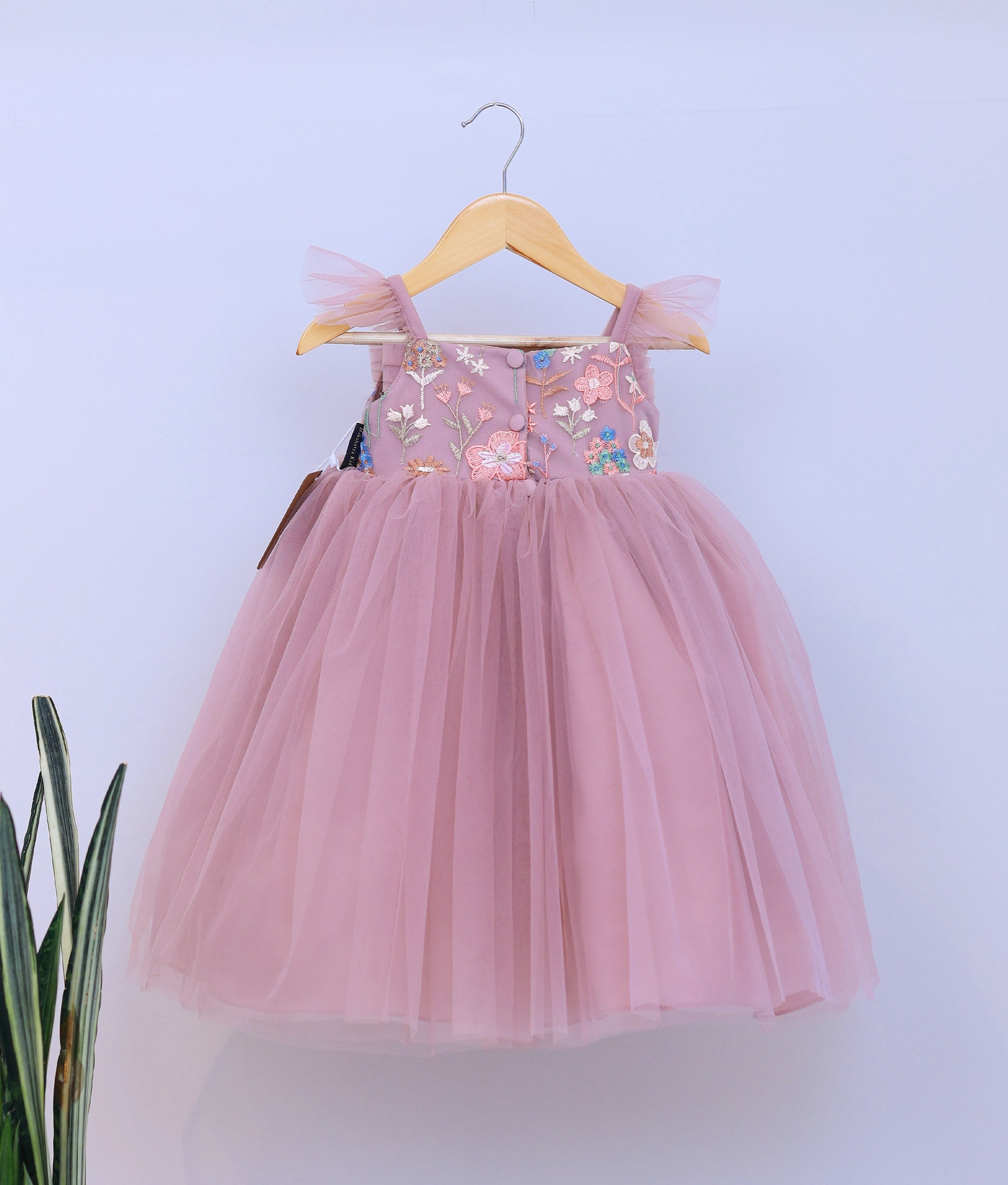Beige Tulle Net Handworked Birthday Gown For Baby Girl [Ready To Ship: 5608]