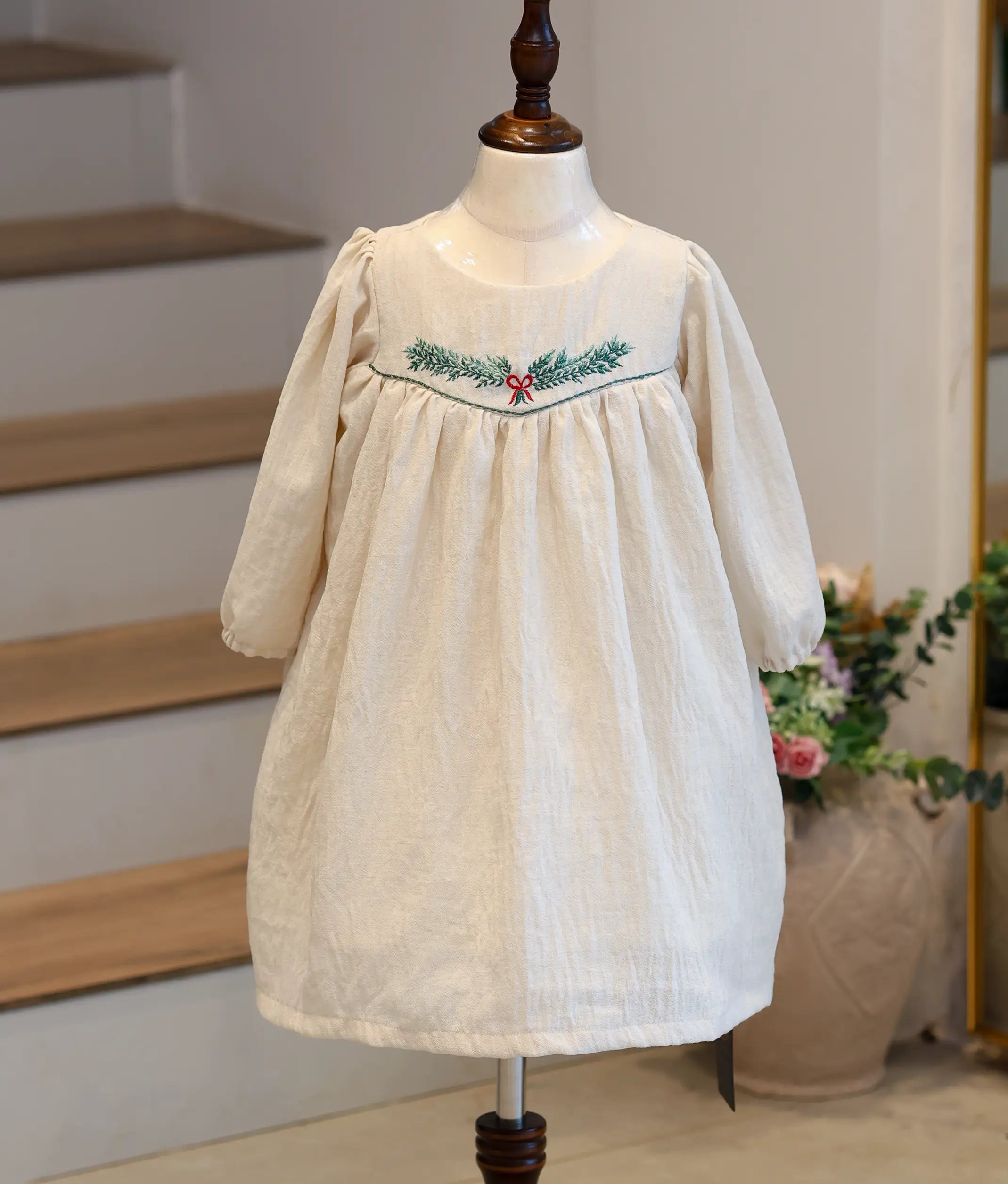Beige Linen Embroidered Frock for Baby Girl [5610]
