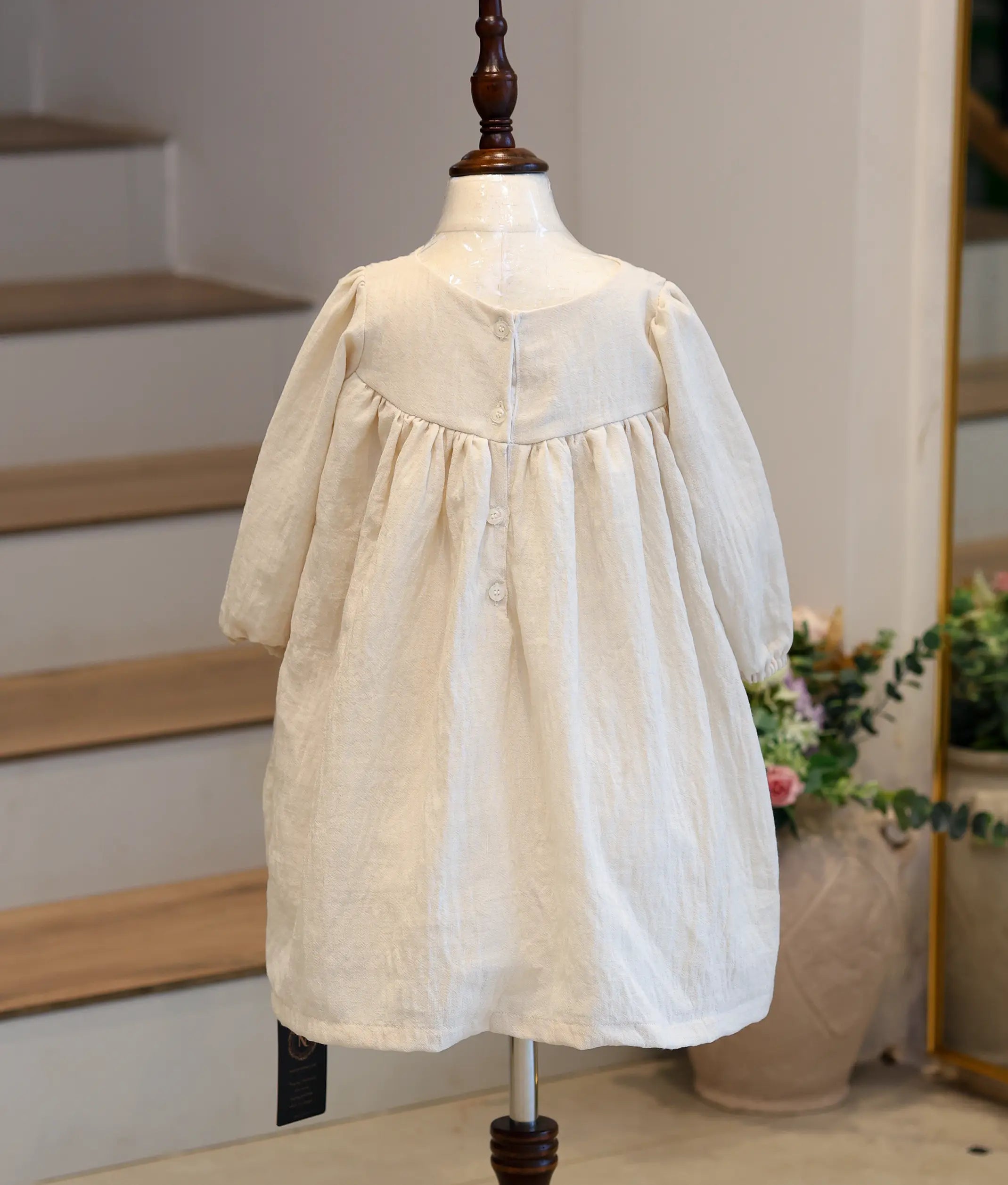 Beige Linen Embroidered Frock for Baby Girl [5610]