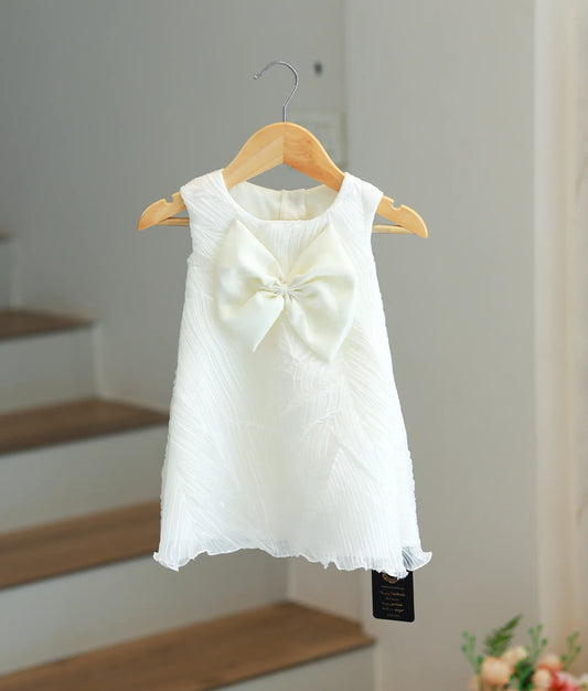 Off-White Tuck Organza A-Line Christmas Frock For Baby Girl [Ready To Ship: 5612]