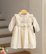 Beige Linen Embroidered Frock for Baby Girl [5613]