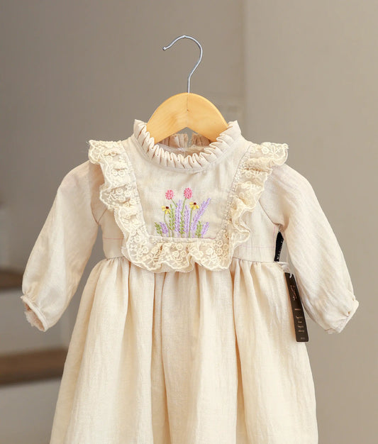 Cream Floral Embroidered Linen Frock For Baby Girl [Ready To Ship: 5613]