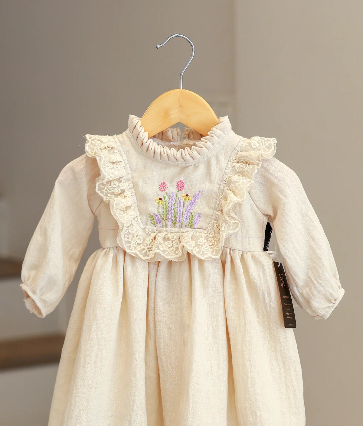 Beige Linen Embroidered Frock for Baby Girl [5613]