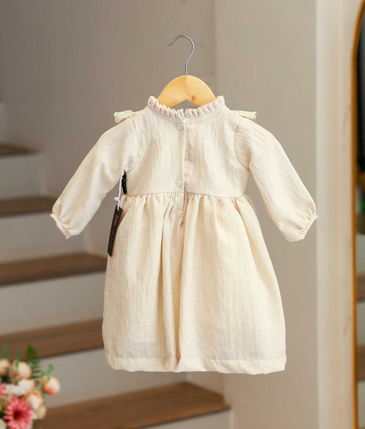 Beige Linen Embroidered Frock for Baby Girl [5613]