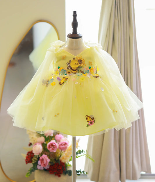 Yellow Tulle Net  Handworked  Honey Bee Theme Dress For Baby Girl [Pre Order: 5615]