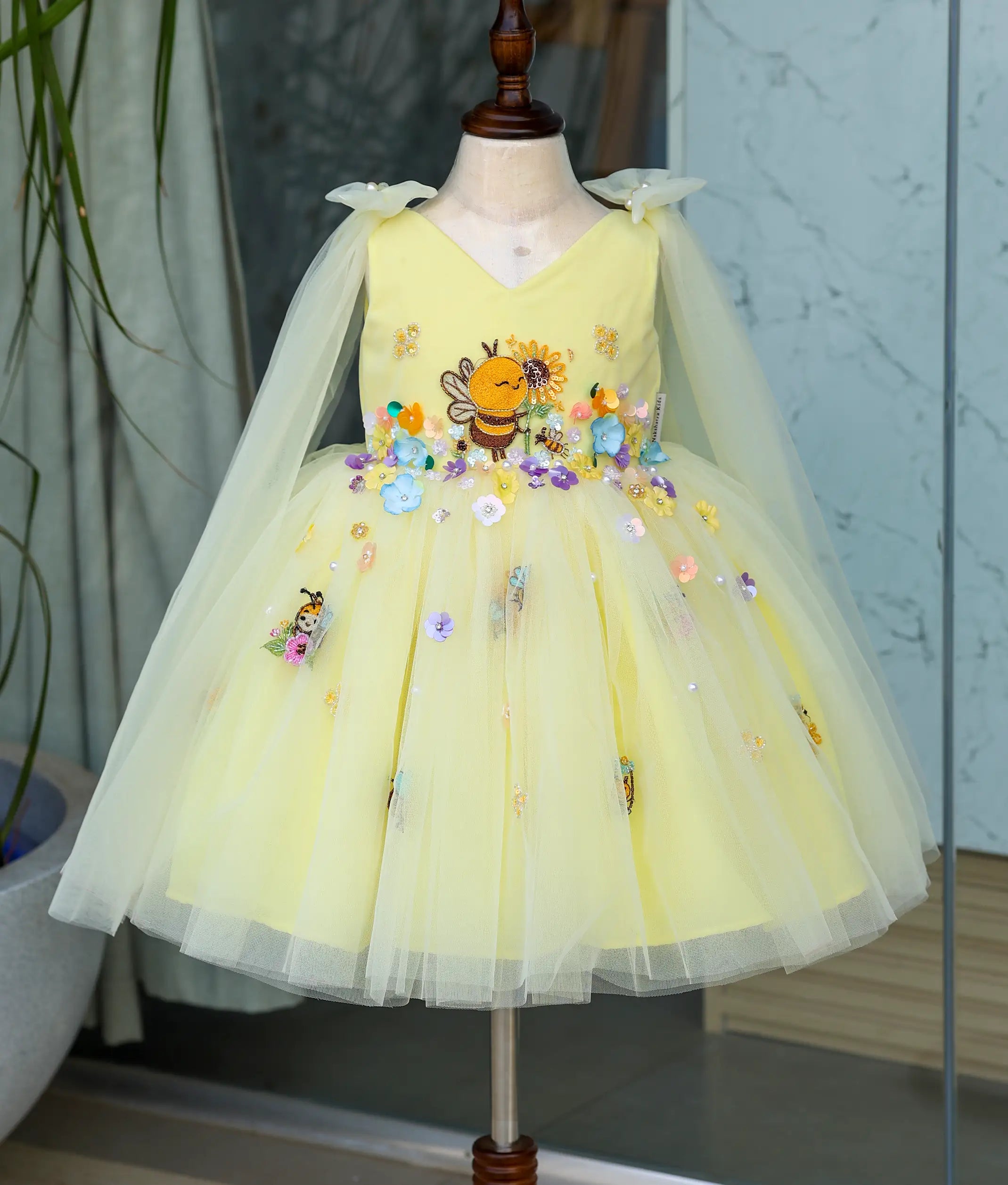 Yellow Tulle Net  Handworked  Honey Bee Theme Dress For Baby Girl [Pre Order: 5615]