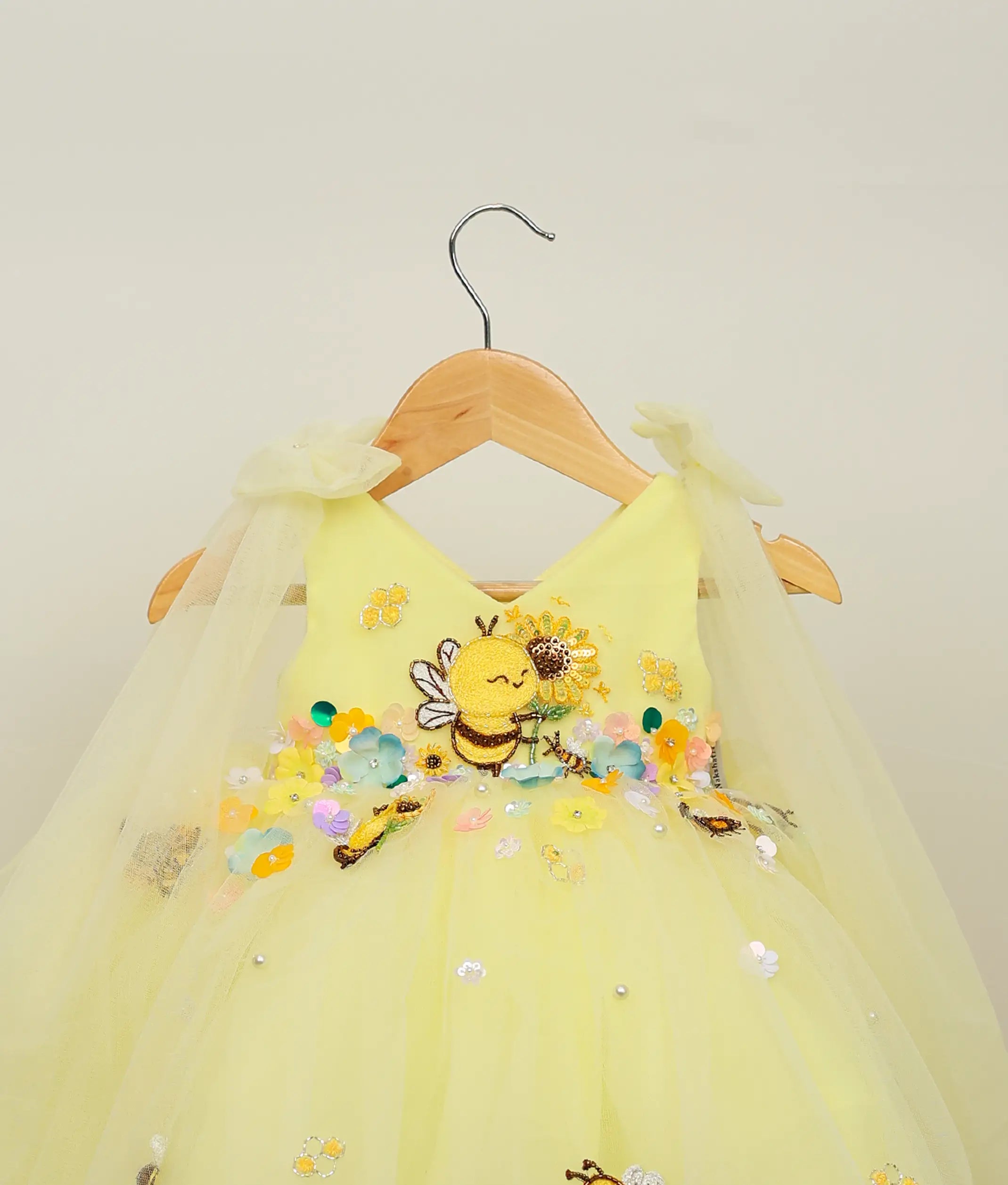 Yellow Tulle Net  Handworked  Honey Bee Theme Dress For Baby Girl [Pre Order: 5615]
