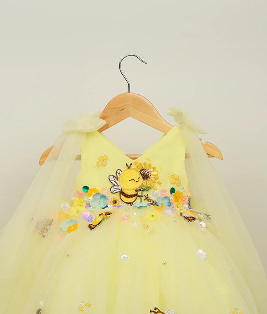 Yellow Tulle Net  Handworked  Honey Bee Theme Dress For Baby Girl [Pre Order: 5615]