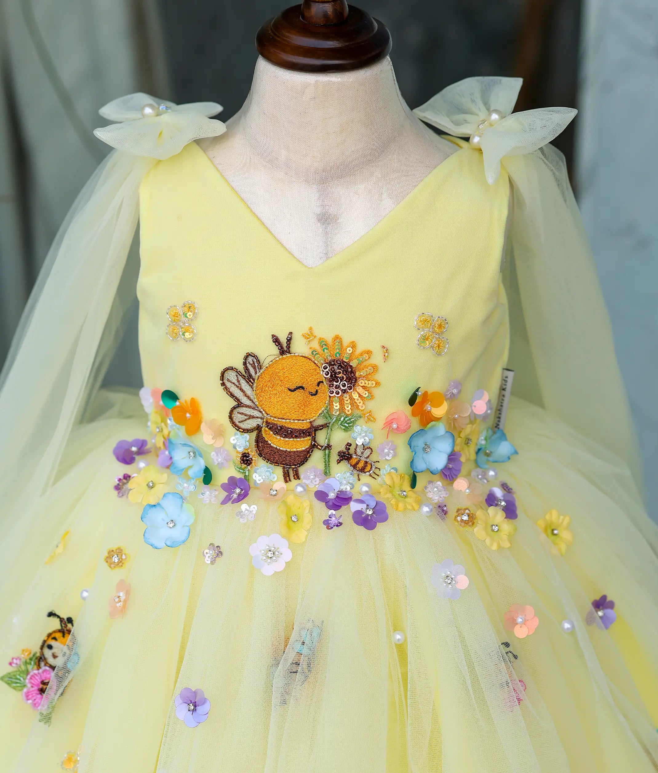 Yellow Tulle Net  Handworked  Honey Bee Theme Dress For Baby Girl [Pre Order: 5615]
