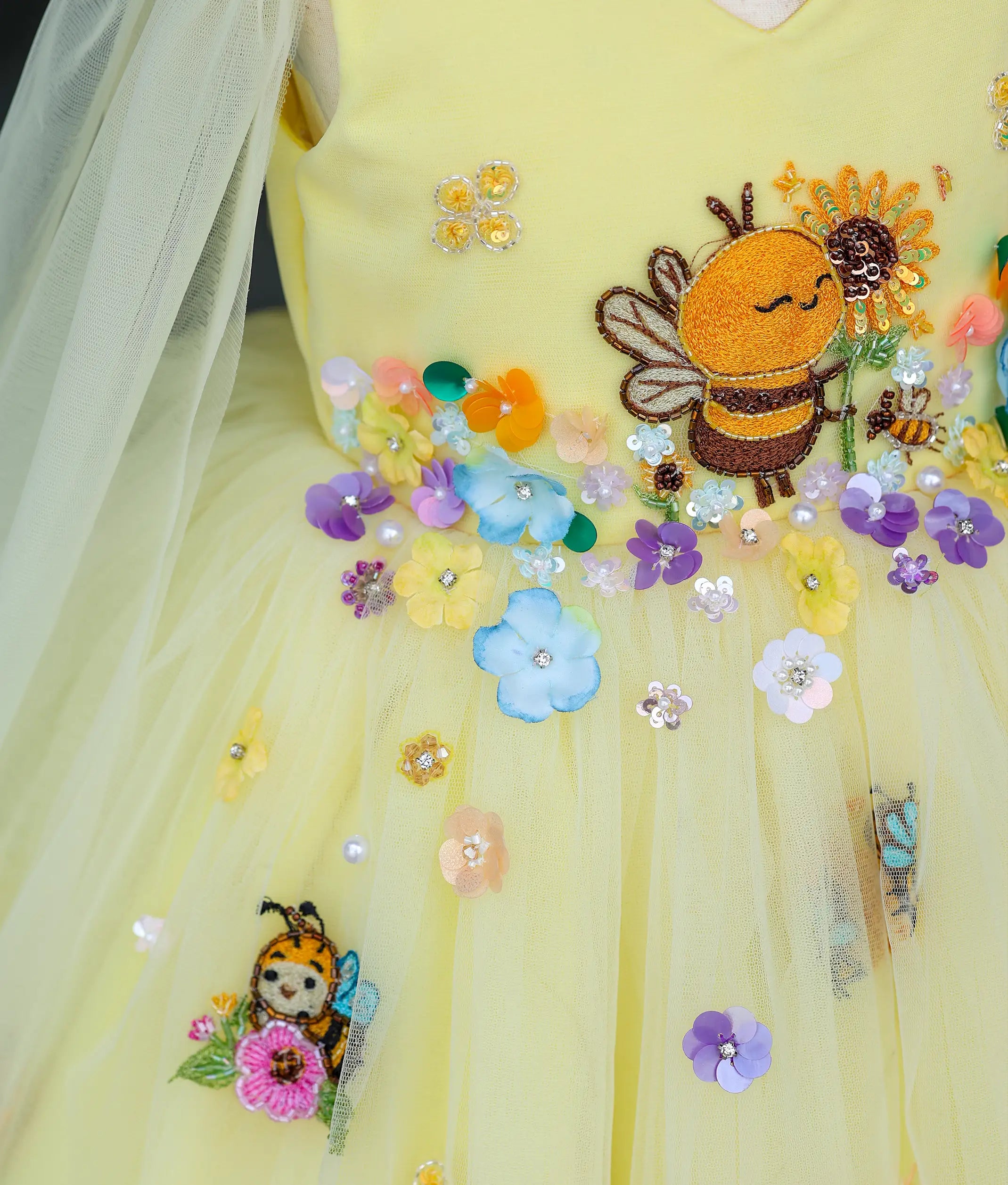 Yellow Tulle Net  Handworked  Honey Bee Theme Dress For Baby Girl [Pre Order: 5615]