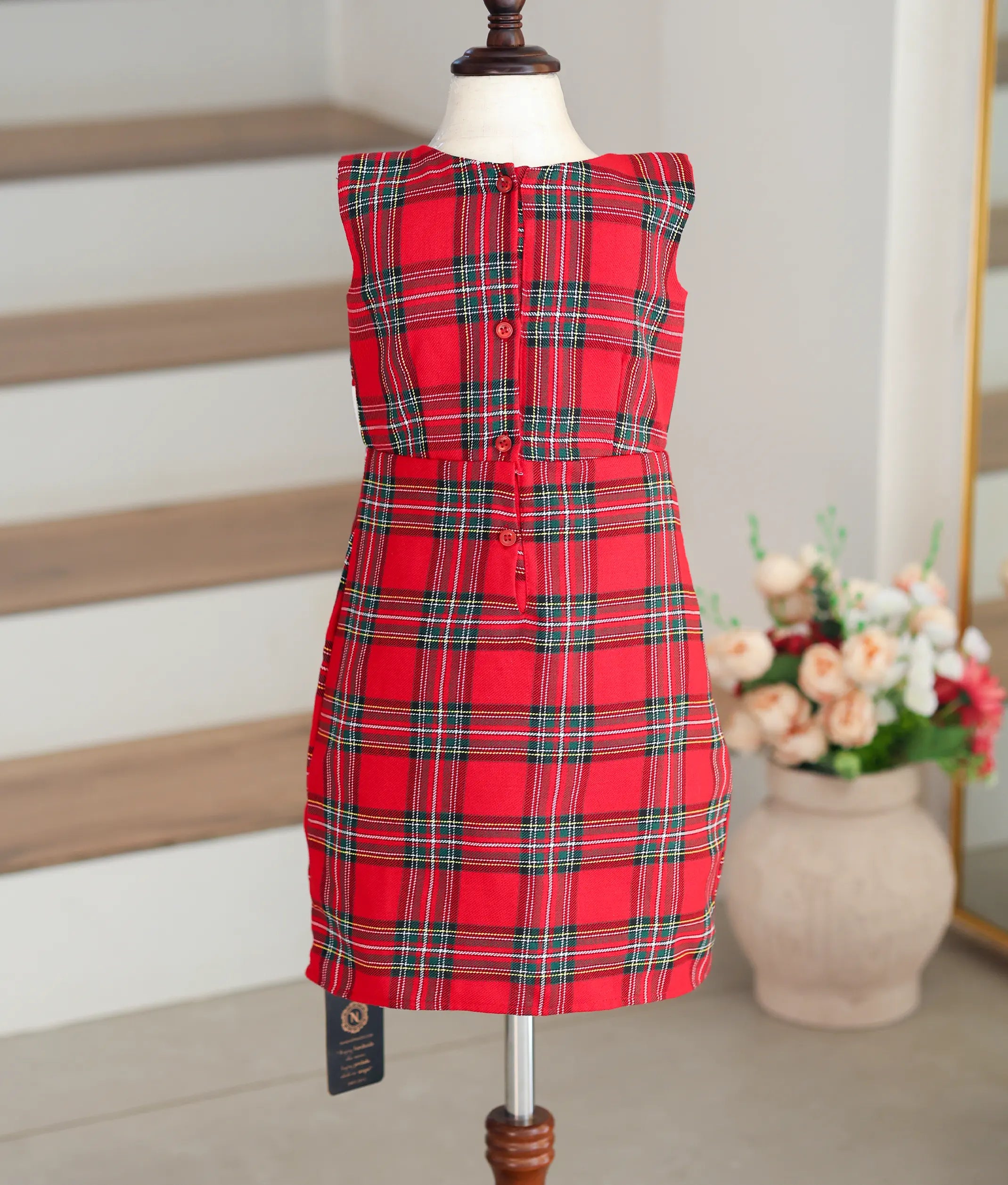 Red and Green Checkered Cotton Christmas Frock for Baby Girls [5619]