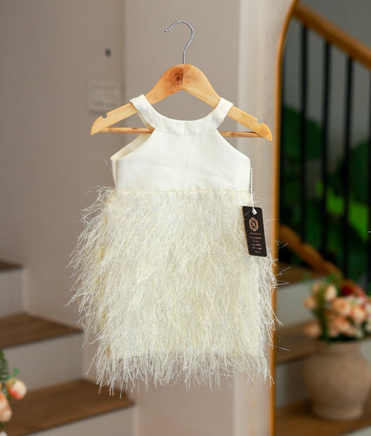 Off-White Tinsel Fringe Fish Cut Frock for Baby Girl [Ready To Ship: 5626]