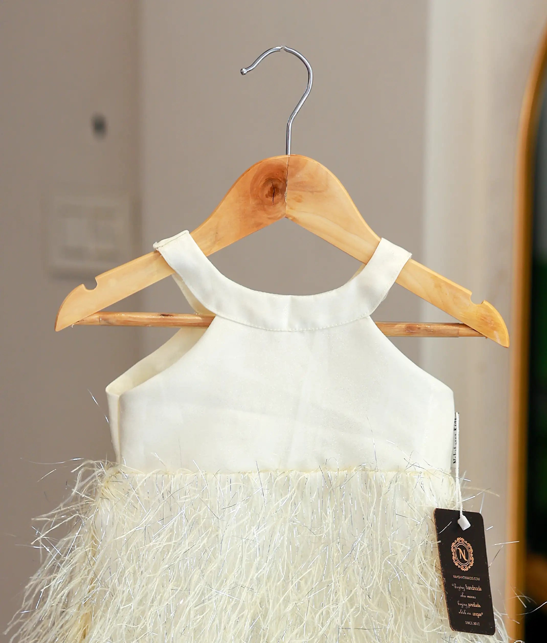 Off-White Tinsel Fringe Fish Cut Frock for Baby Girl [5626]