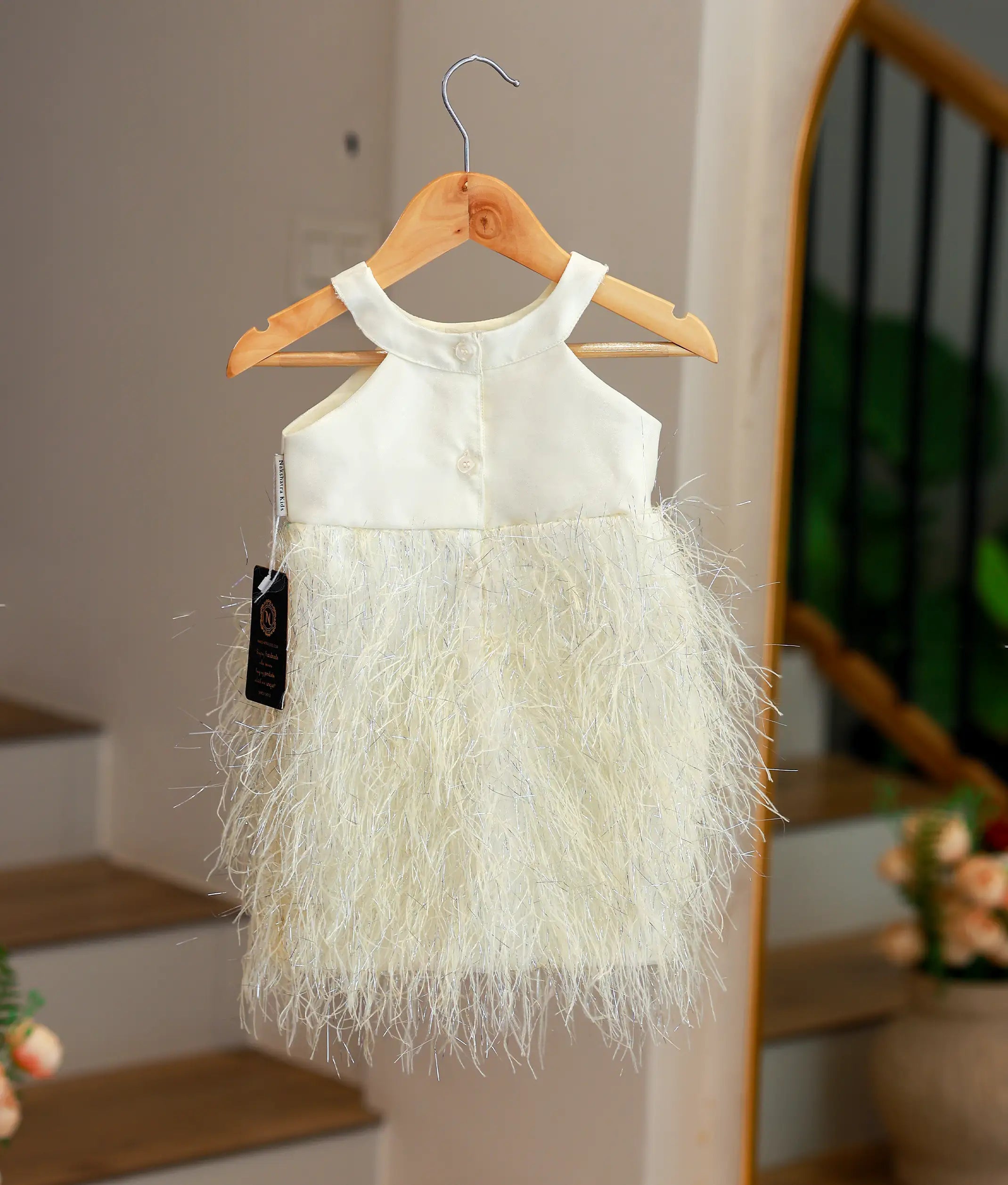 Off-White Tinsel Fringe Fish Cut Frock for Baby Girl [5626]
