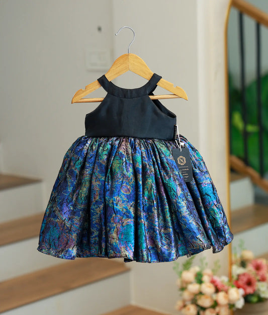 Black And Blue Shade Shimmer Crush Organza Frock For Baby Girl [Ready To Ship: 5627]