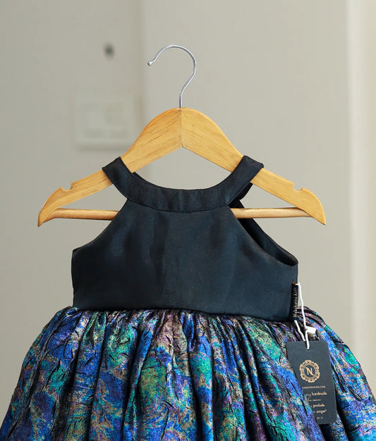 Black And Blue Shade Shimmer Crush Organza Frock For Baby Girl [Ready To Ship: 5627]
