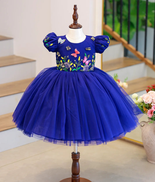 Royal Blue Handworked Butterfly Theme Dress For Baby Girl [Pre order: 5632]
