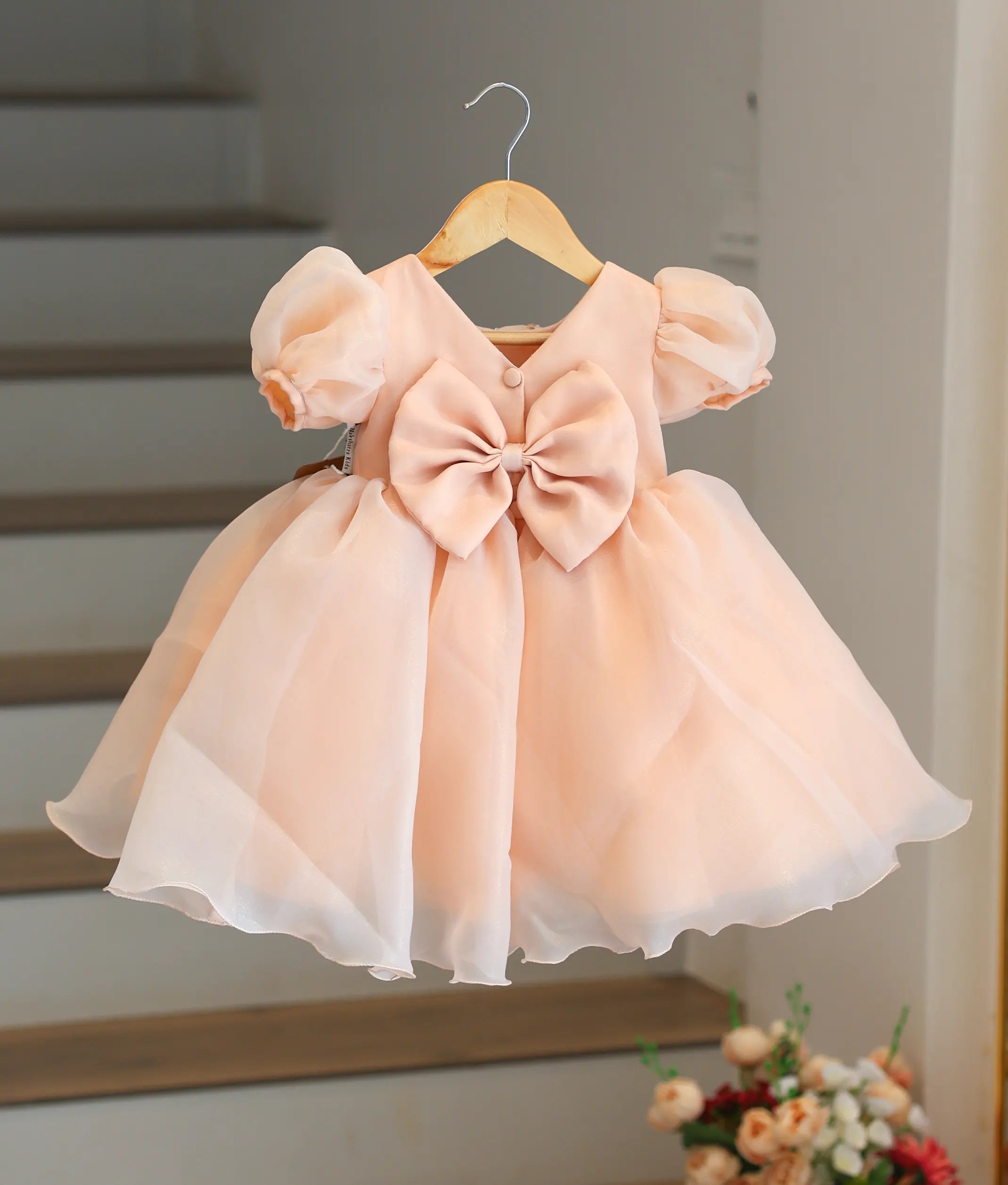 Peach Shimmer Organza Birthday Frock For Baby Girl [Ready To Ship: 5635]