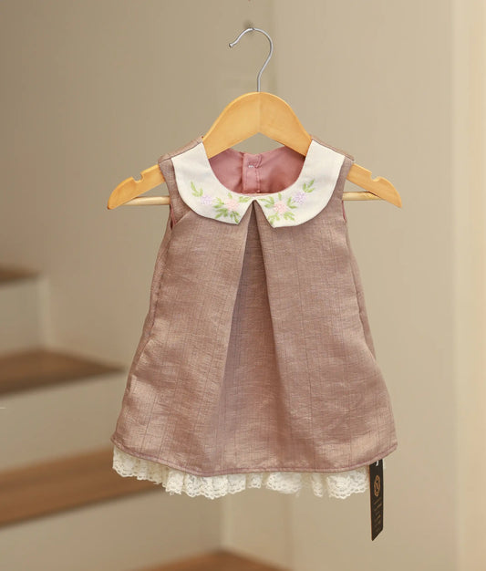 Beige Naisha Silk Embroidered A-Line Frock For Baby Girl [Ready To Ship: 5638]