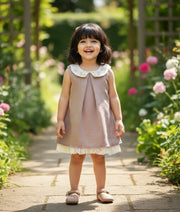 Beige Naisha Silk Embroidered A-Line Frock For Baby Girl [Ready To Ship: 5638]