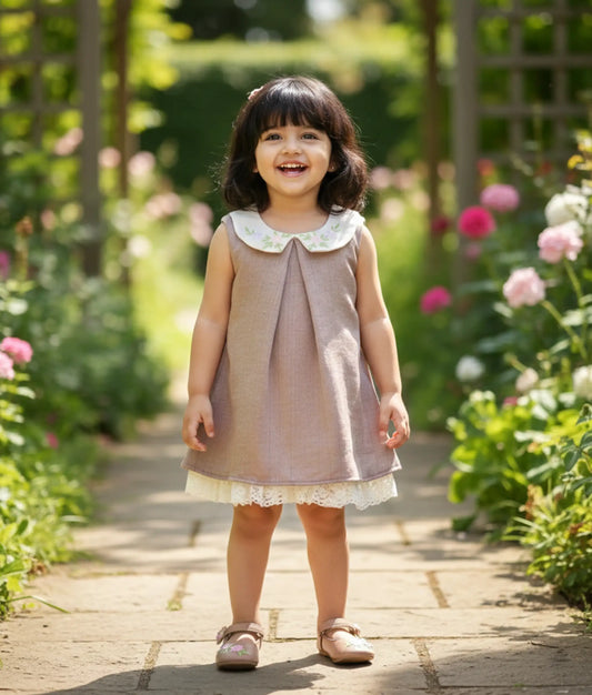 Beige Naisha Silk Embroidered A-Line Frock For Baby Girl [Ready To Ship: 5638]